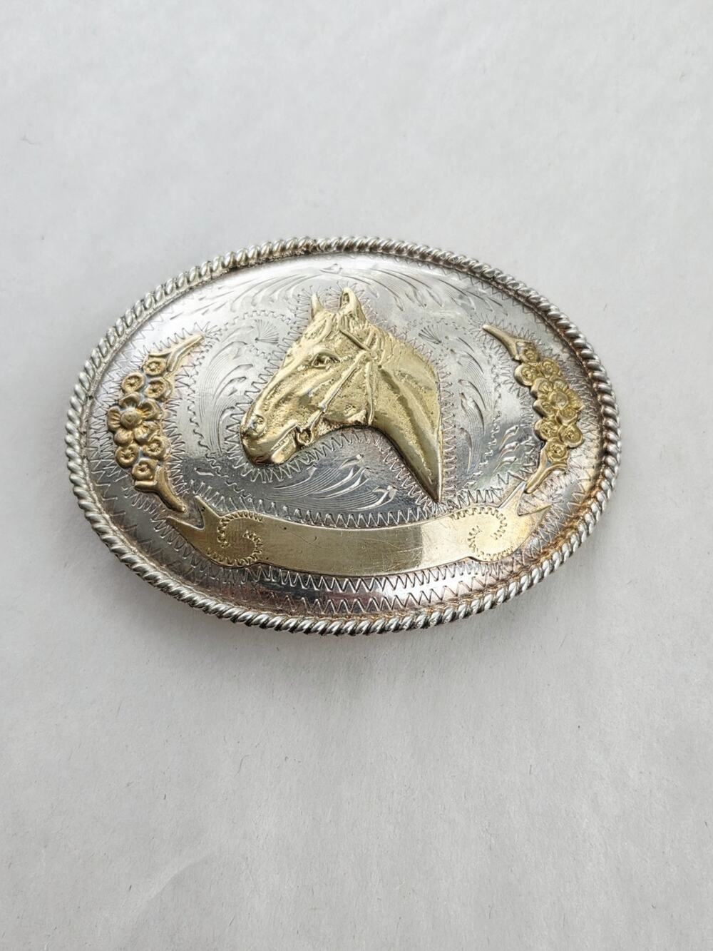 Vintage Silversmiths Western Belt Buckle Two Tone Silver Gold Horse Head Rodeo